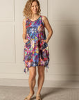 PLAYFUL CELESTE DRESS in 100% LINEN with MAGENTA BLUE design