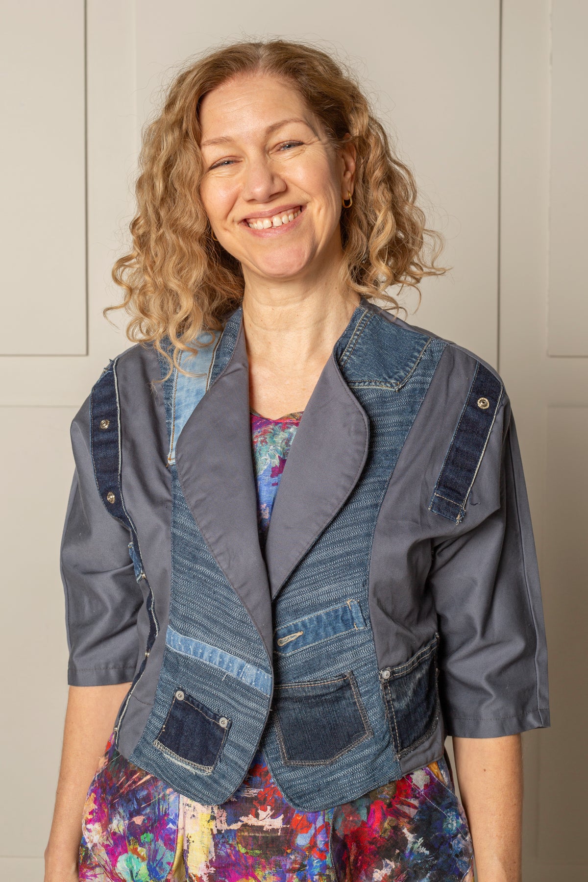 DAY TO NIGHT BOLERO JACKET, in organic blue denim patchwork fabric