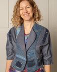 DAY TO NIGHT BOLERO JACKET, in organic blue denim patchwork fabric