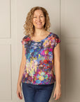 EVERY DAY CAP SLEEVE TOP in 100% magenta blue LINEN