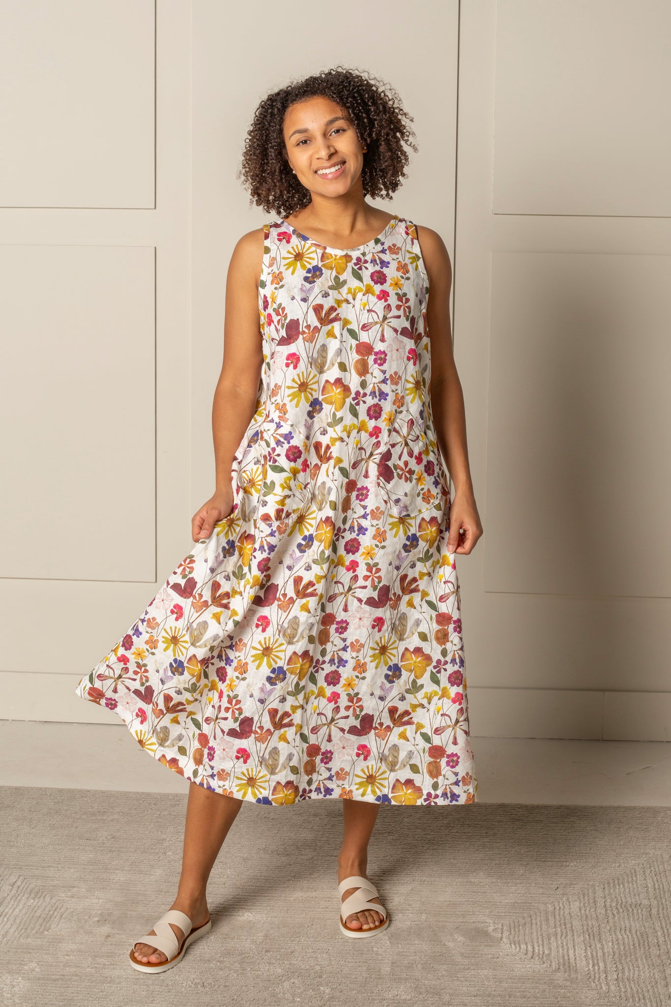ALL DAY SHIFT DRESS, midi length, in 100% LINEN in GARDEN PRINT design