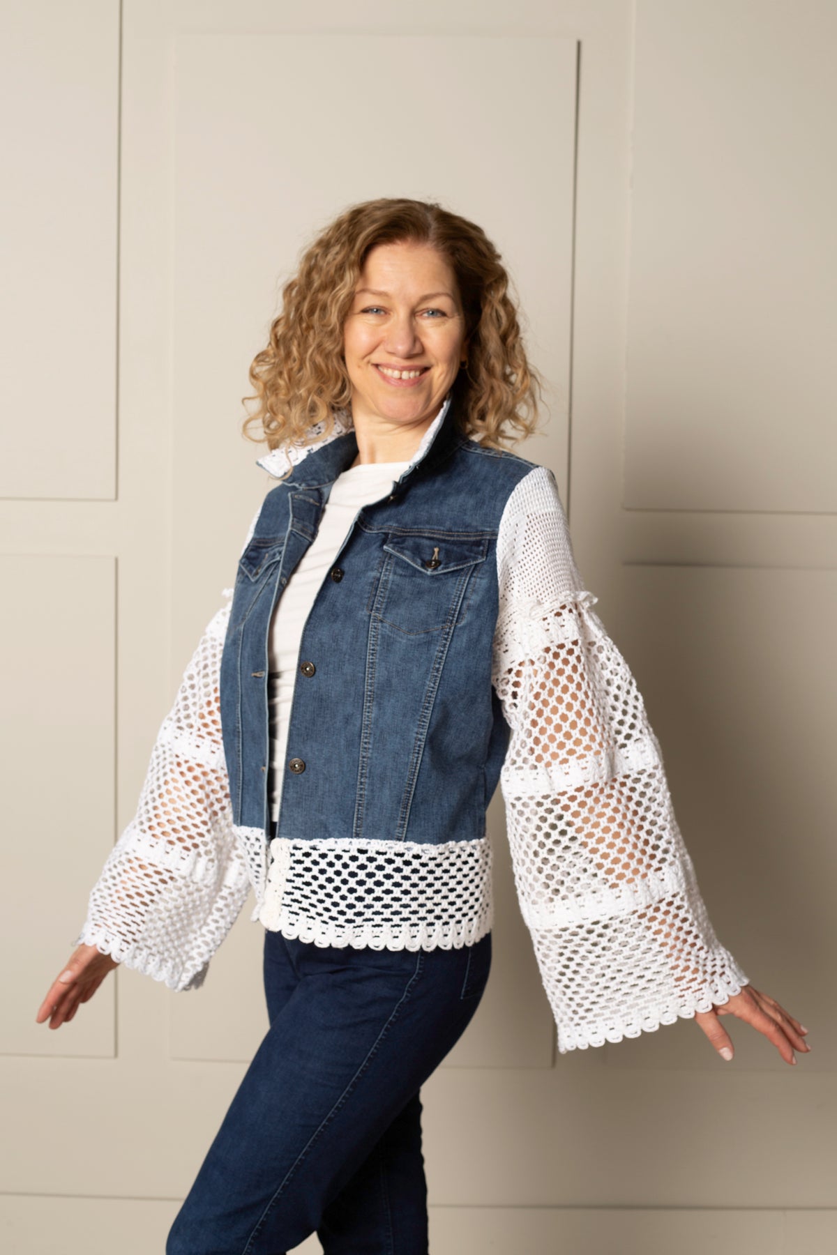 RECLAIMED JEANNIE JACKET in upcycled blue DENIM with white lace sleeves 