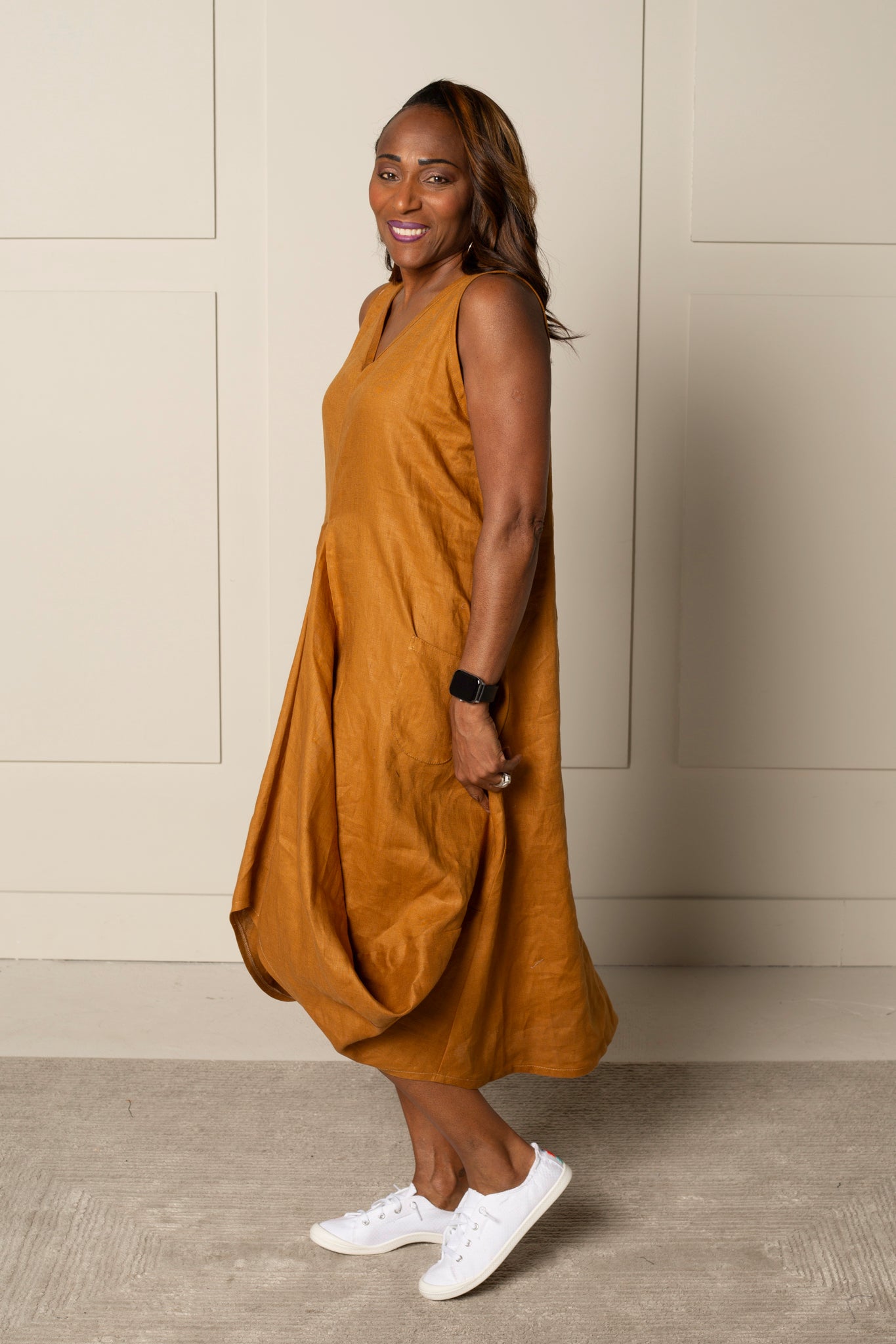 DRAPED FOREVER FROCK dress in 100% LINEN in rust yellow orange