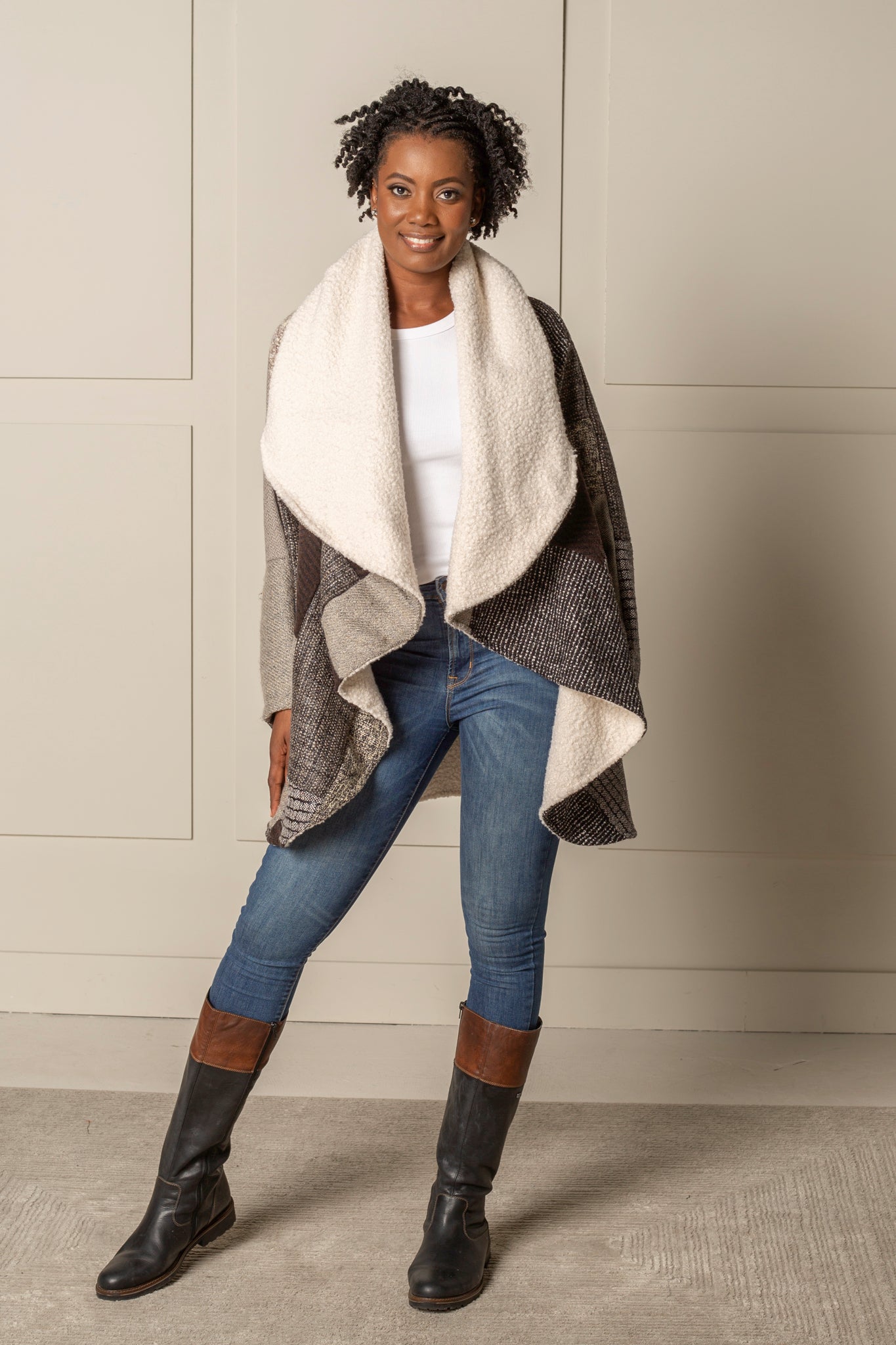 SIGNATURE MULTI-WAY CIRCLE COAT in WOOL BLEND beige and creme PATCHWORK 