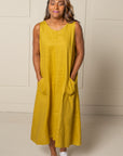ALL DAY SHIFT DRESS, midi length, in 100% LINEN in gold yellow