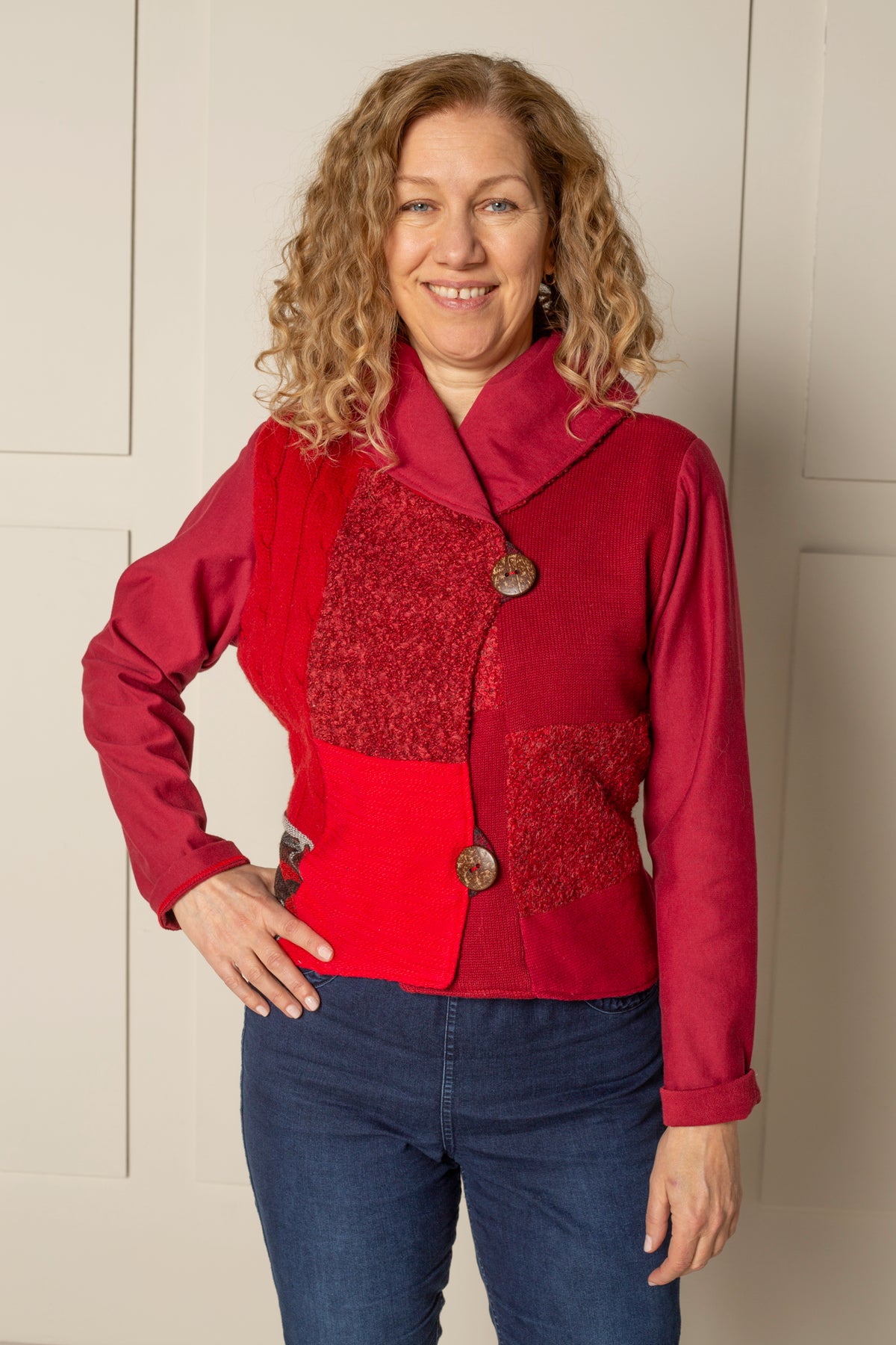 JUSTIFY CARDIGAN HOODIE in PATCHWORK ORGANIC fabric in RUBY RED