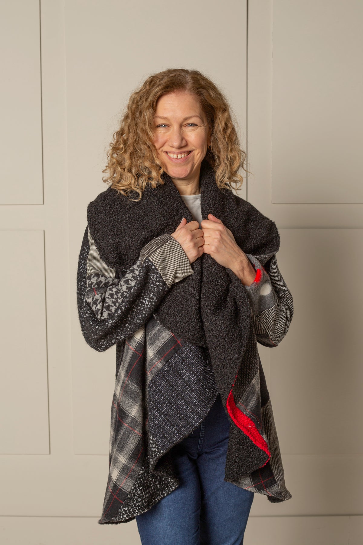 SIGNATURE MULTI-WAY CIRCLE COAT in WOOL BLEND BLACK/RED plaid patchwork
