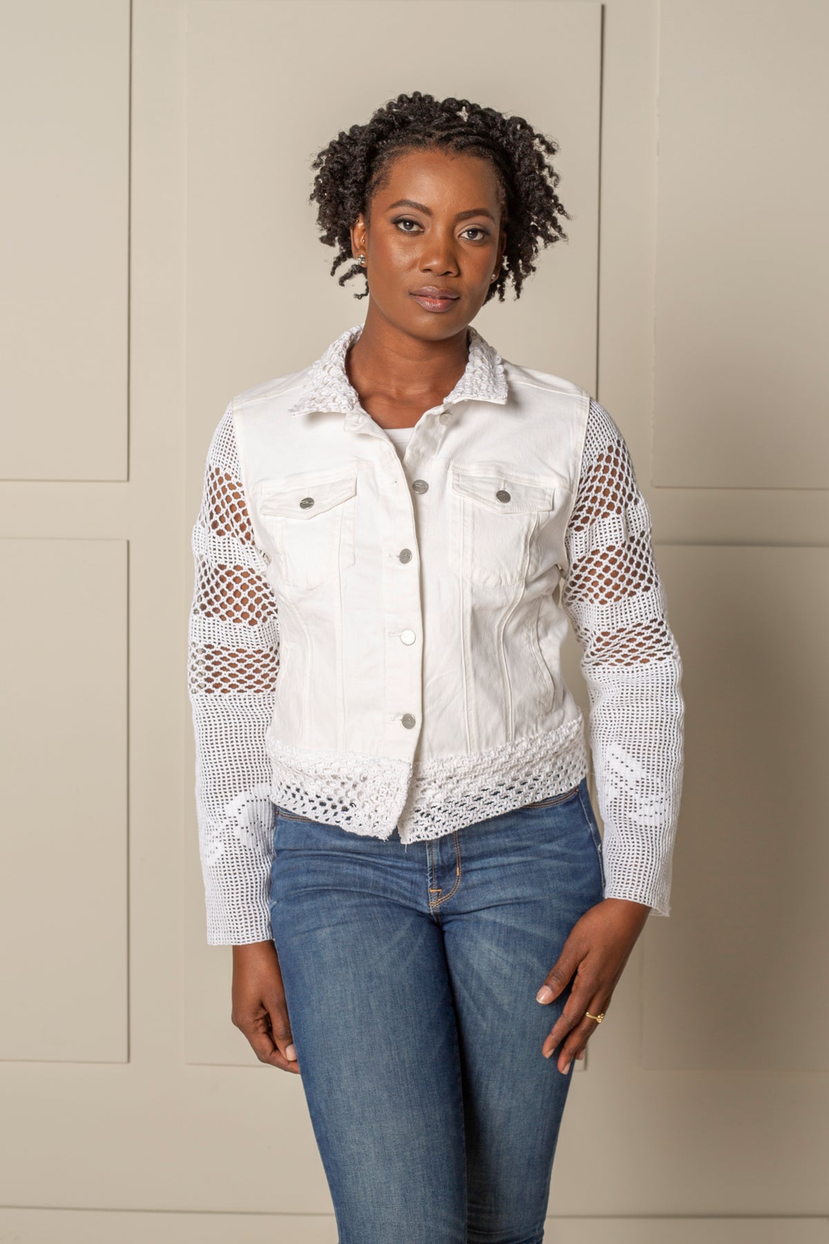 RECLAIMED JEANNIE JACKET in white DENIM & LACE with straight sleeves