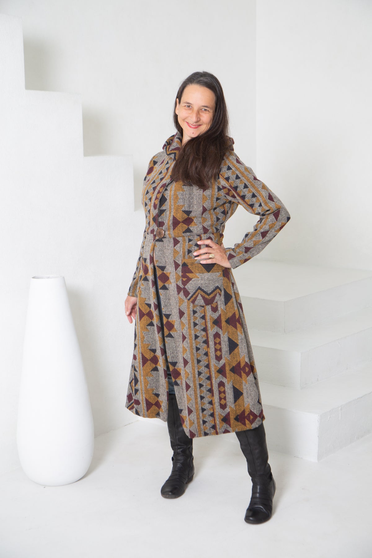 JUSTICE HAPPY HOODIE knee-length COAT in COTTON BLEND fabric, with OCHRE MULTI colour tone