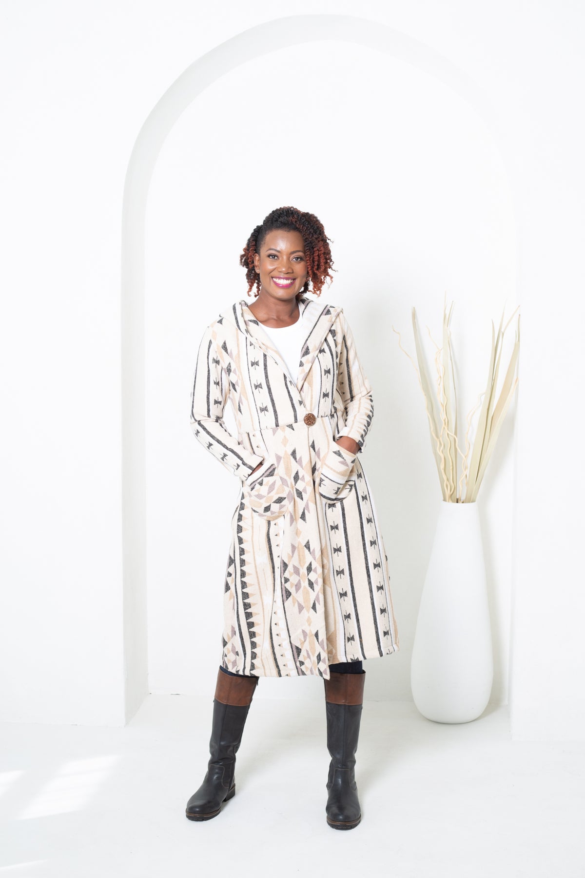JUSTICE HAPPY HOODIE knee-length COAT in COTTON BLEND fabric, CREME patterned design