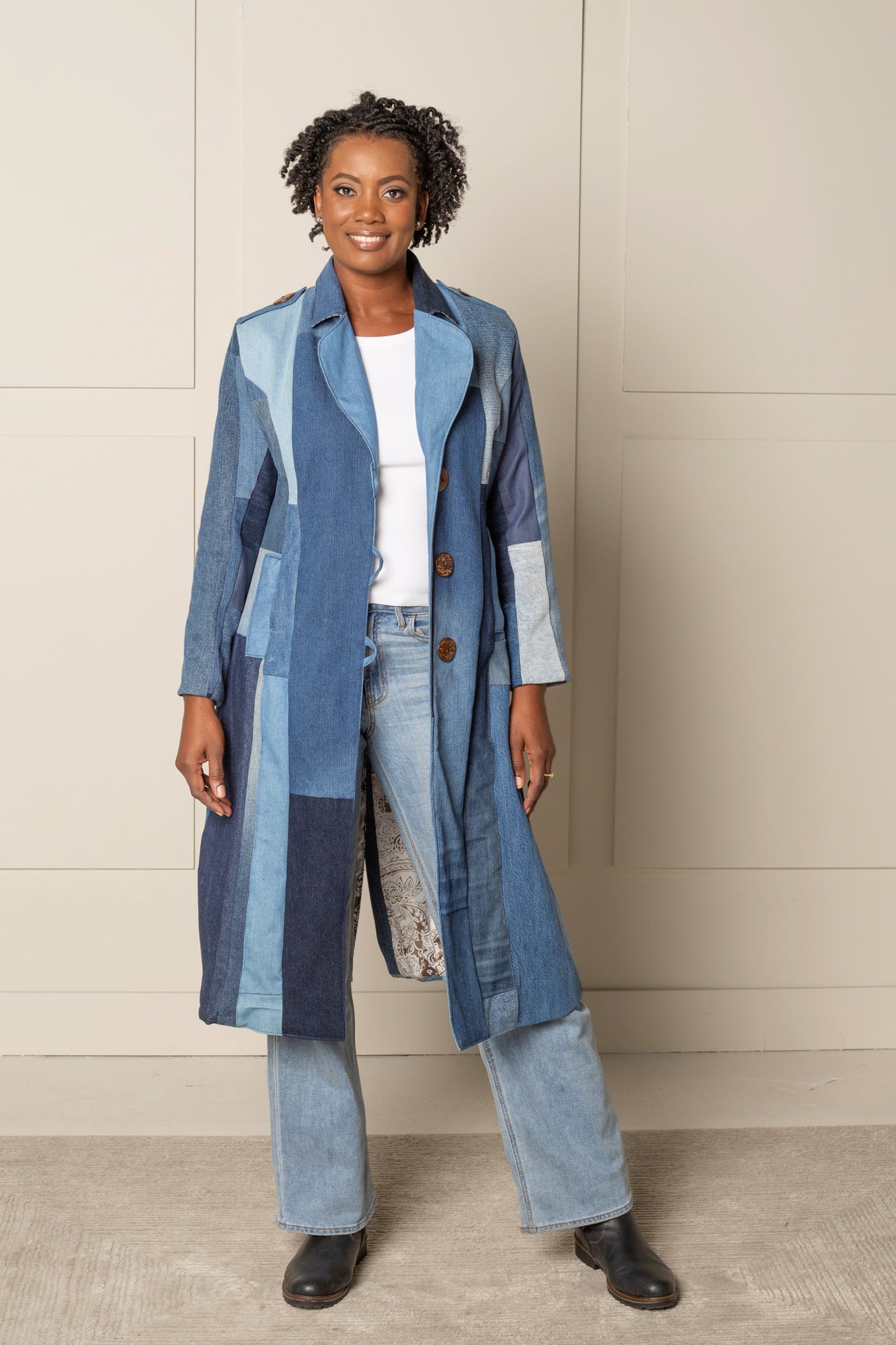 ENDLESS SUCCESS TAILORED COAT | UPCYCLED AND ORGANIC DENIM PATCHWORK - BLUES - LONG