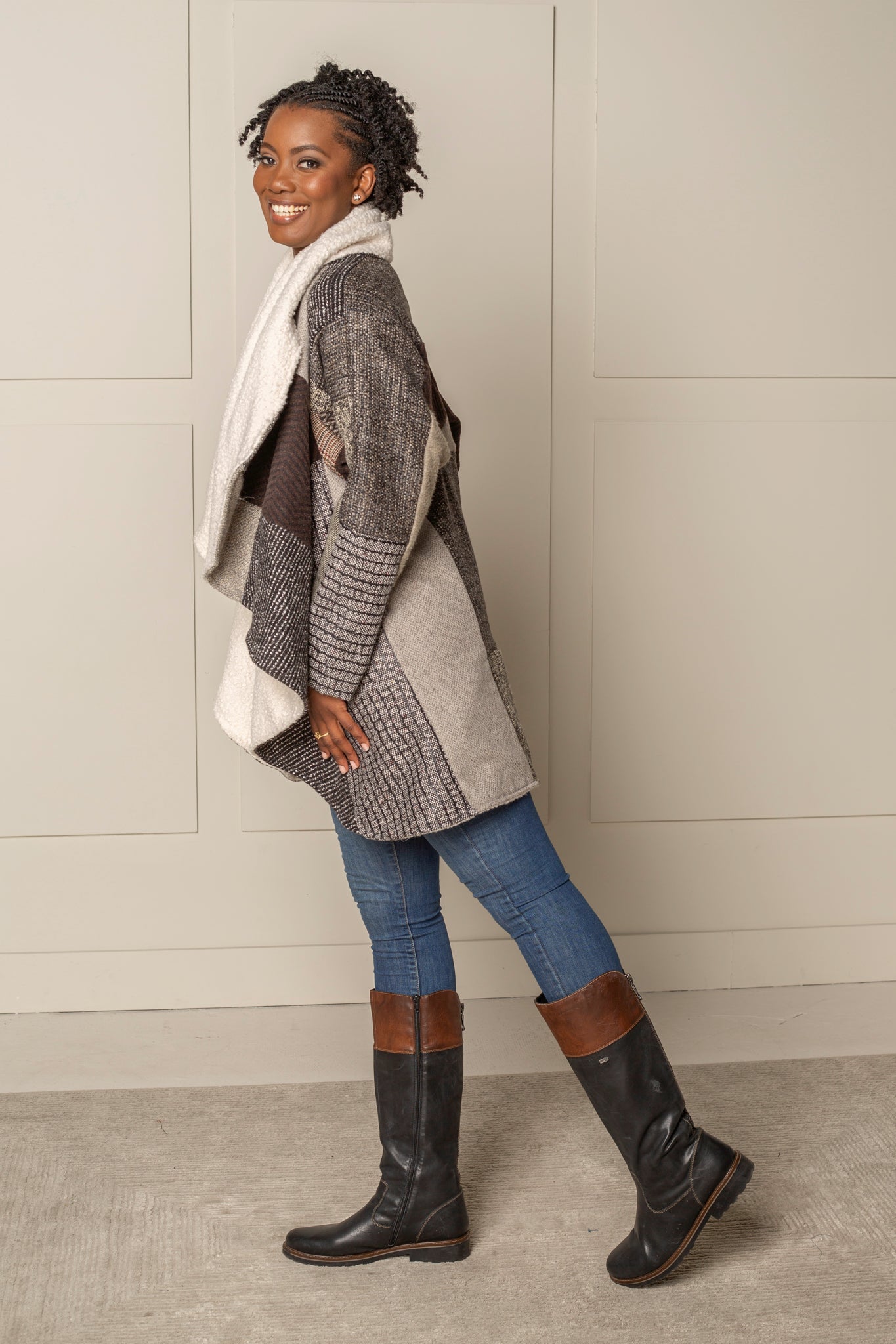 SIGNATURE MULTI-WAY CIRCLE COAT | WOOL BLEND PATCHWORK PLAID - BEIGE/CREME
