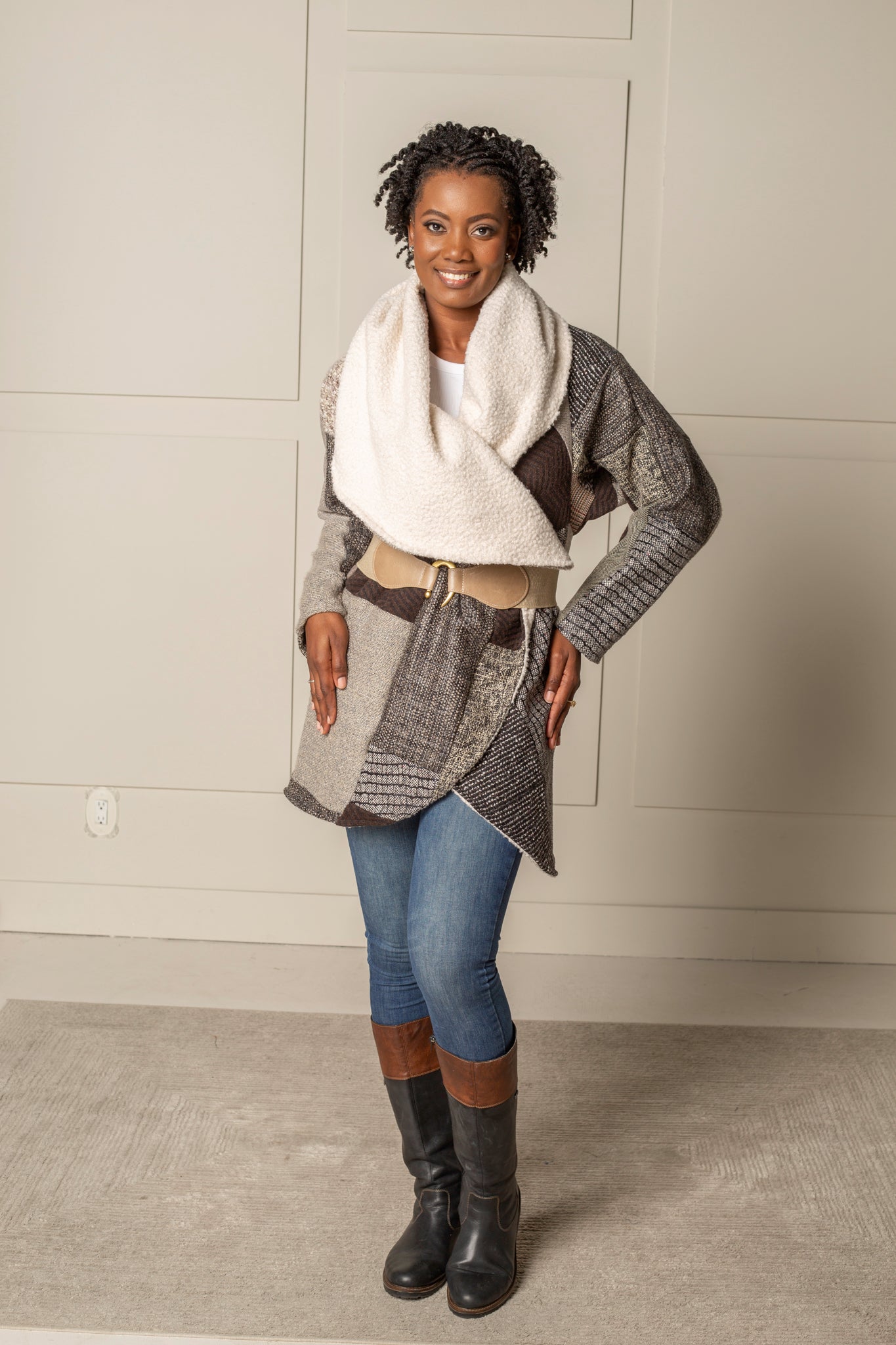 SIGNATURE MULTI-WAY CIRCLE COAT | WOOL BLEND PATCHWORK PLAID - BEIGE/CREME