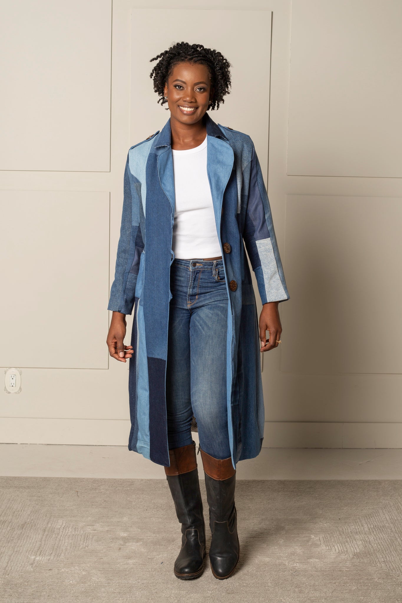 ENDLESS SUCCESS TAILORED COAT | UPCYCLED AND ORGANIC DENIM PATCHWORK - BLUES - LONG