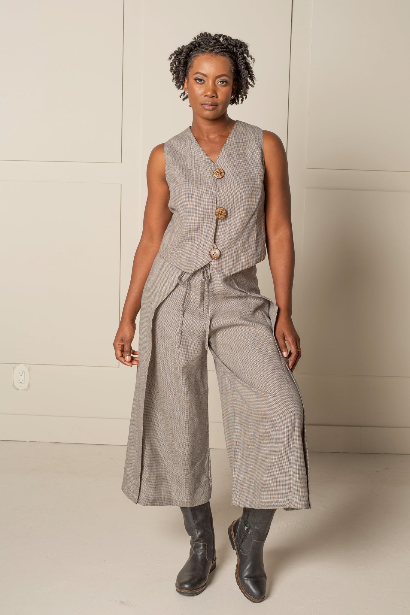 WONDER WRAP PANTS in 100% dark taupe LINEN 