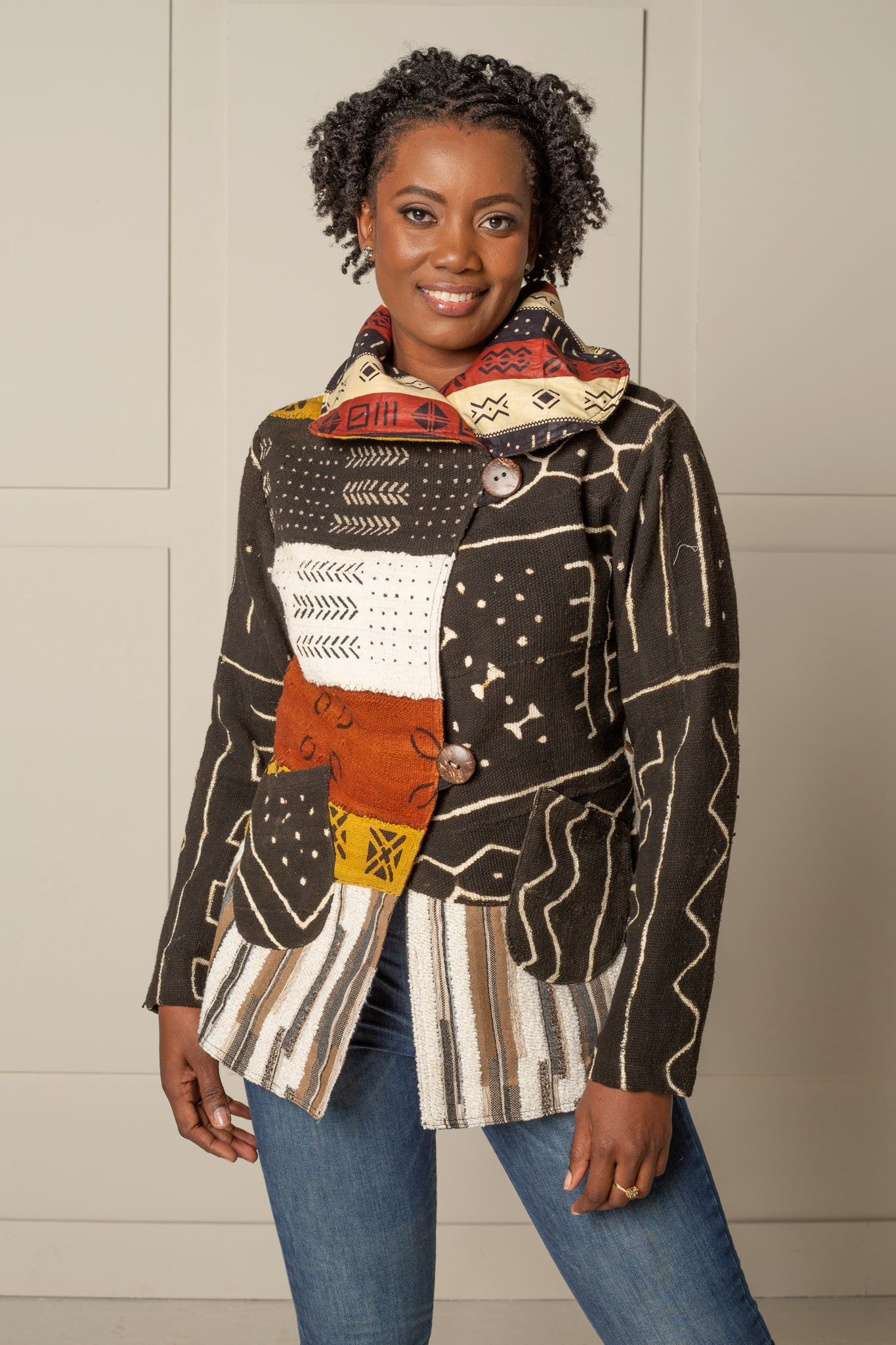 JUSTIFY JACKET HOODIE in 100% COTTON MUDCLOTH in traditional multicolour patchwork