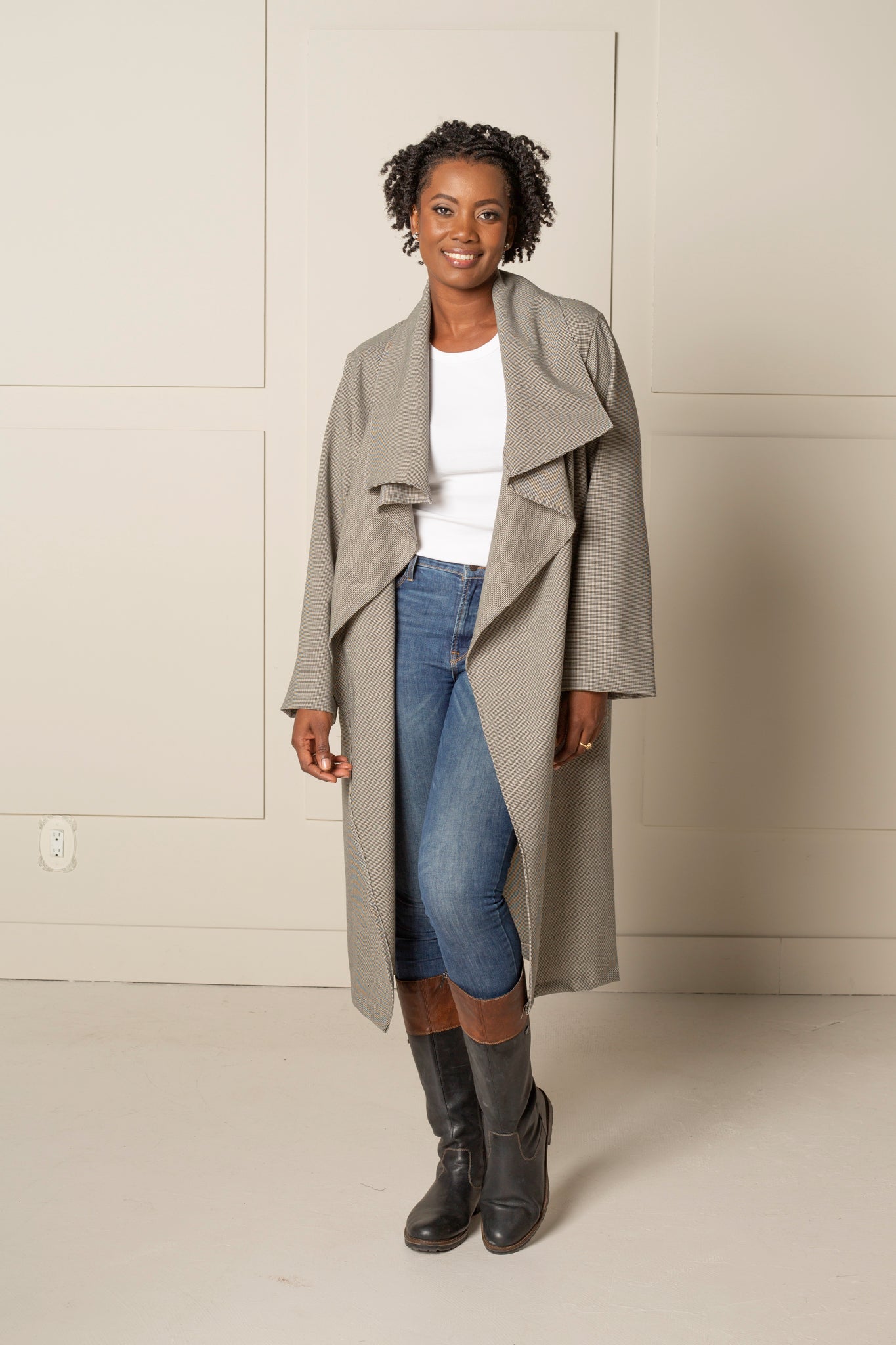 3-WAY FREEDOM DRAPE COAT, 100% LINEN in dark taupe colour