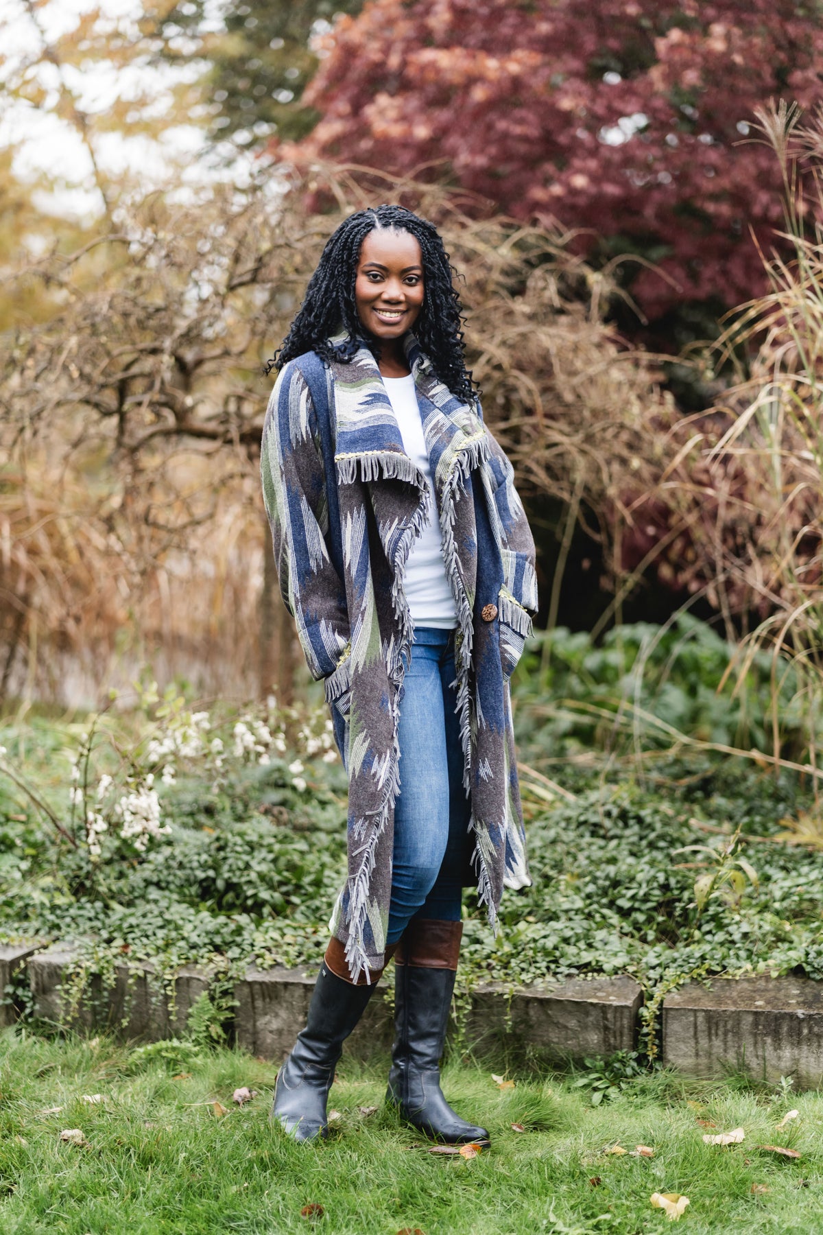 3-WAY FREEDOM DRAPE COAT FRINGED in COTTON BLEND fabric, in BLUE OCEAN