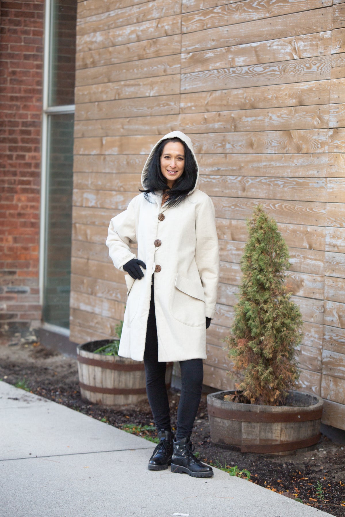 HAPPY HOODIE PUFFER knee-length COAT, 100% LINEN in CREME