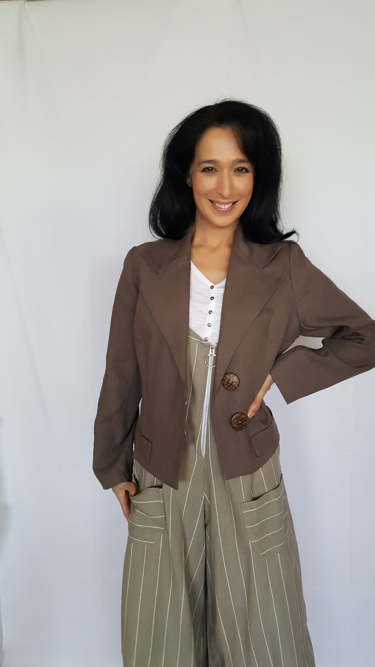 hip length jacket in cinnamon on model
