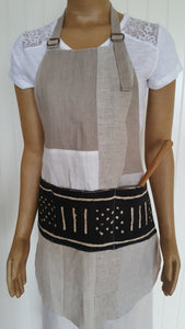 on mannequin - Patchwork linen and cotton apron. Fully lined with front mudcloth pocket. 