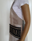 side view - Patchwork linen and cotton apron. Fully lined with front mudcloth pocket. 