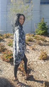 Reversible Cocoon Coat charcoal and flower pattern side view
