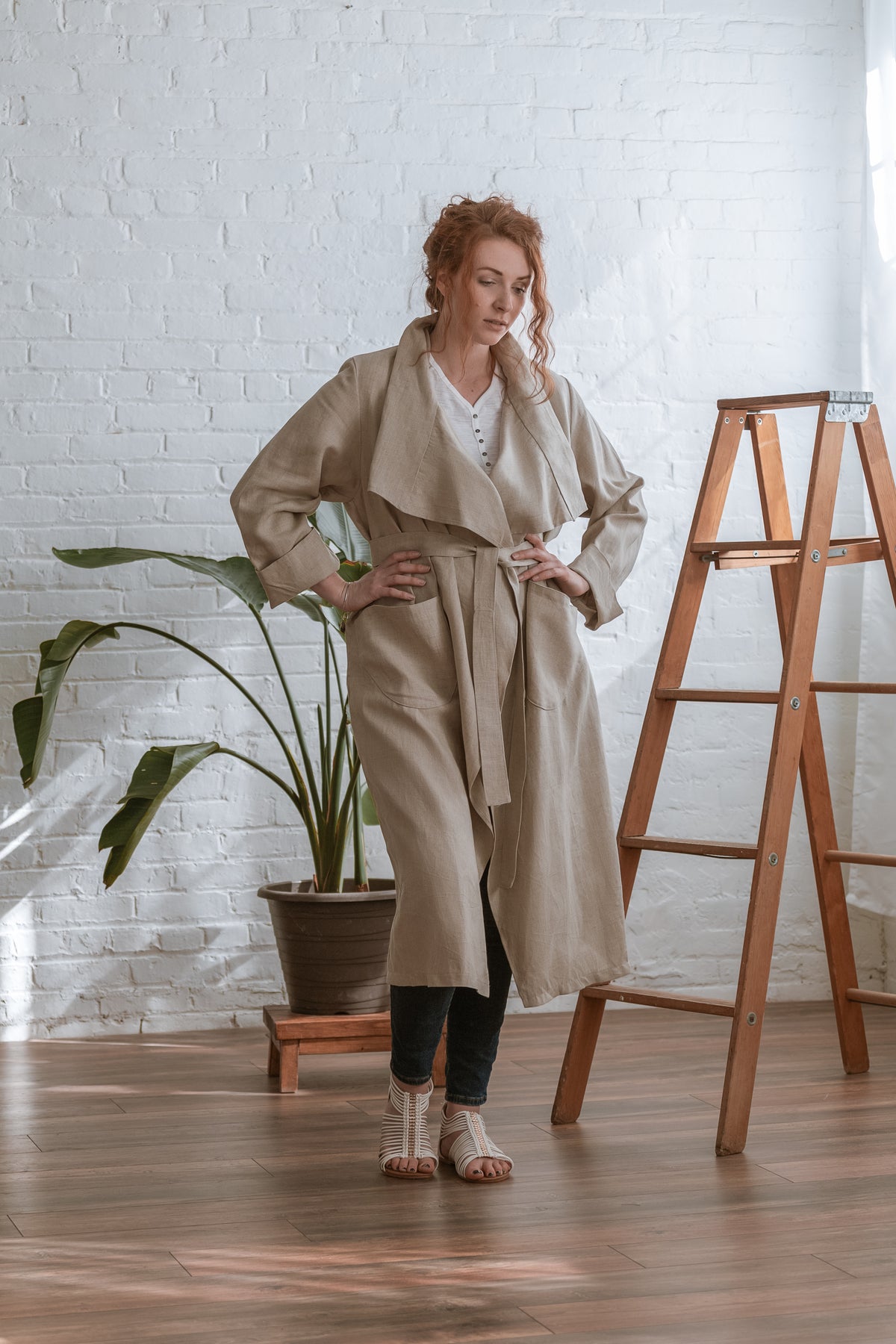 3-WAY FREEDOM DRAPE COAT, 100% LINEN in beige