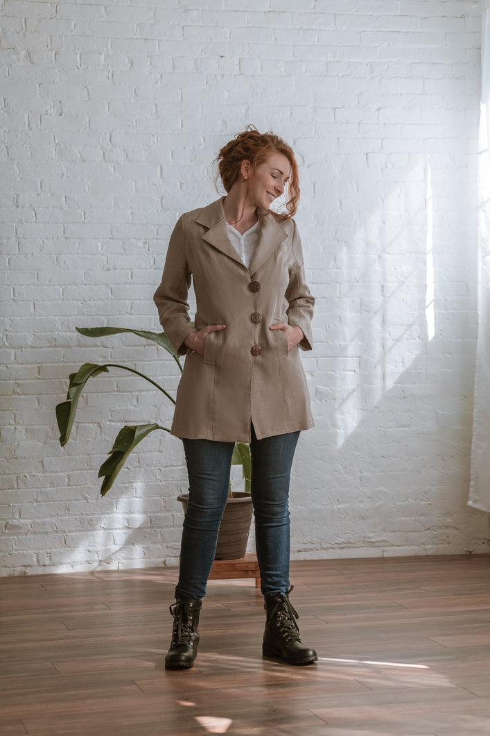 knee length linen coat with buttons