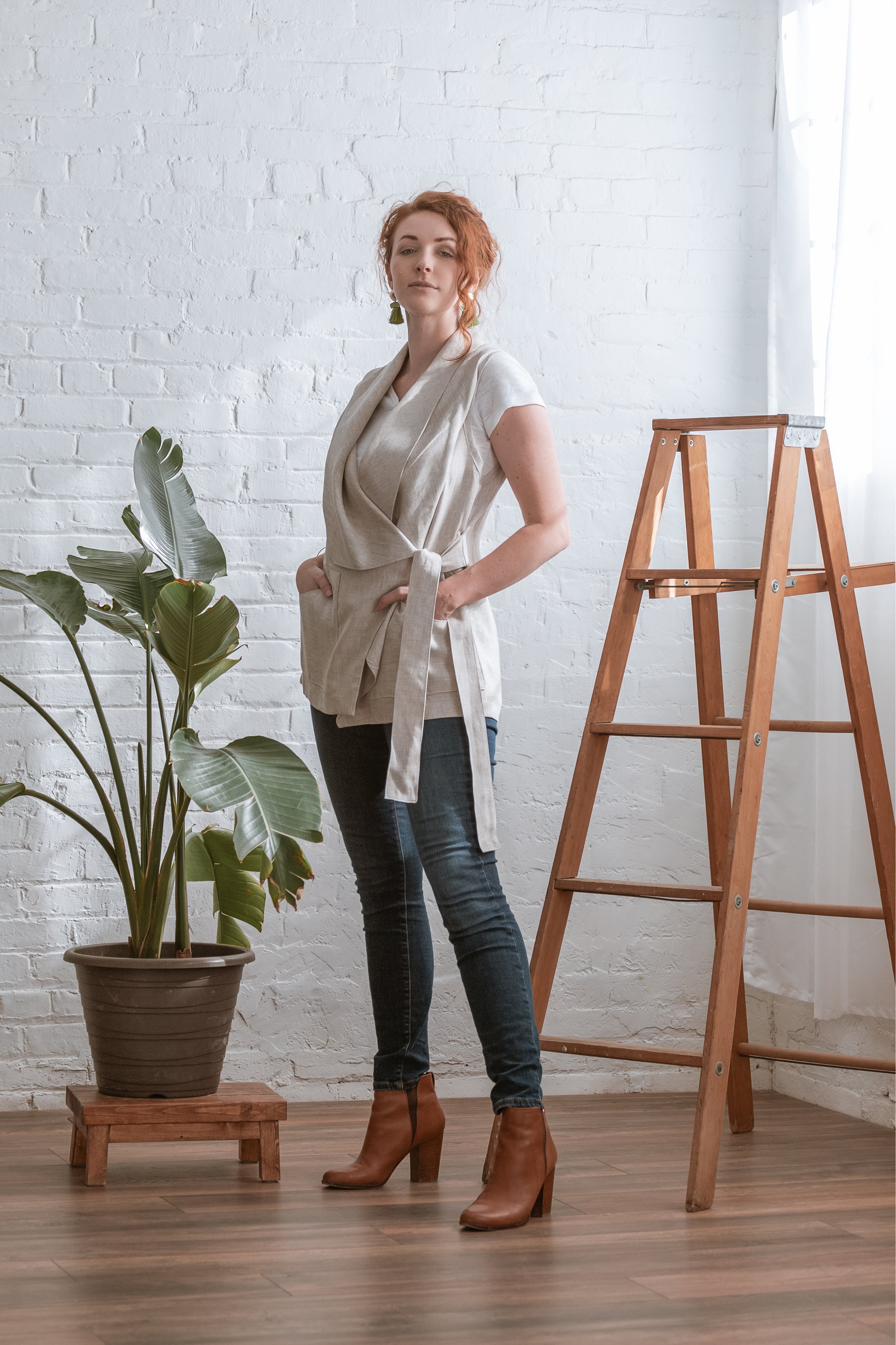cream vest showing tie details
