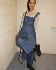blue denim jumper on model