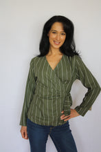 Load image into Gallery viewer, wrap tied shirt in green with stripes
