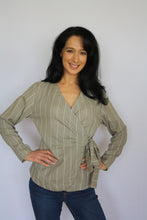 Load image into Gallery viewer, wrap tied shirt in sage with stripes
