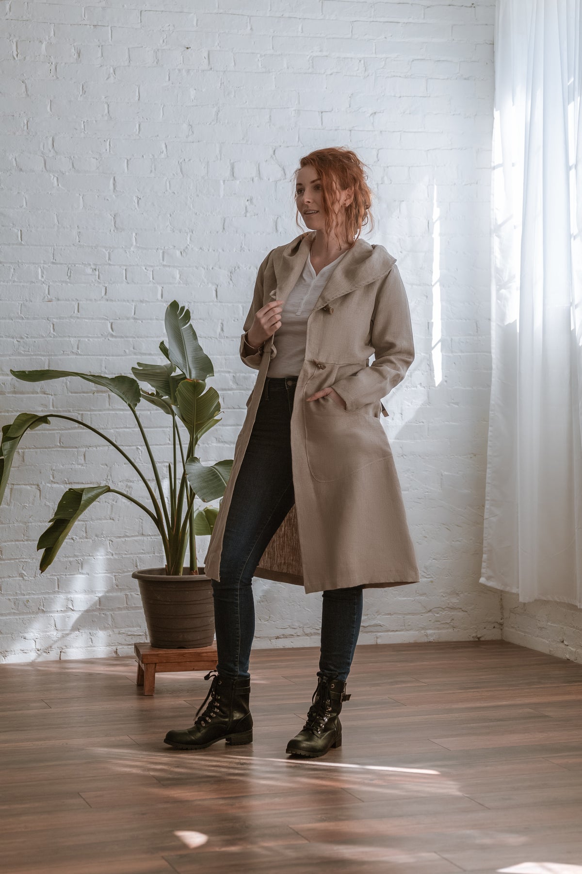 hooded long coat in natural open front