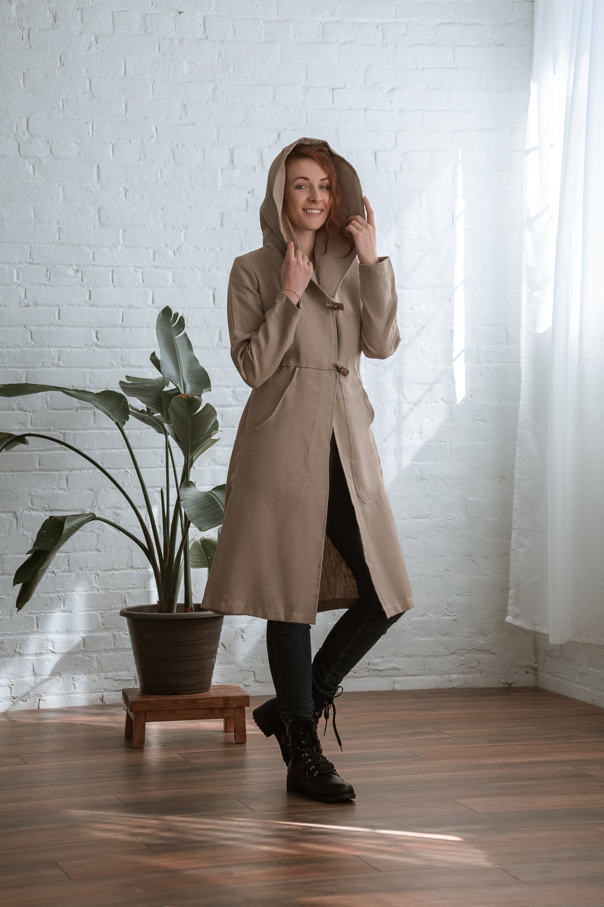 happy hooded long justice coat in 100% linen, natural colour tone 