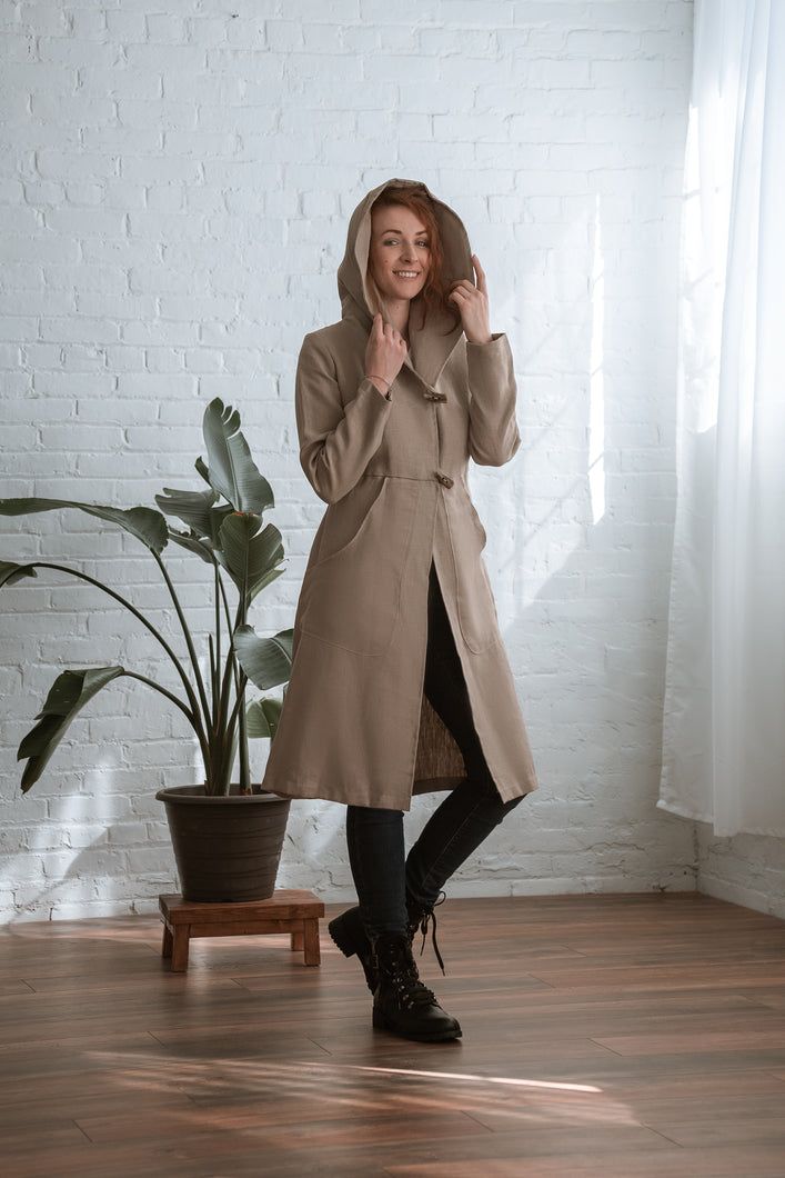 hooded long coat in natural front