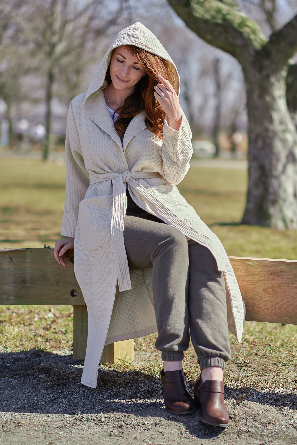 100% organic cotton, creme coloured hooded robe