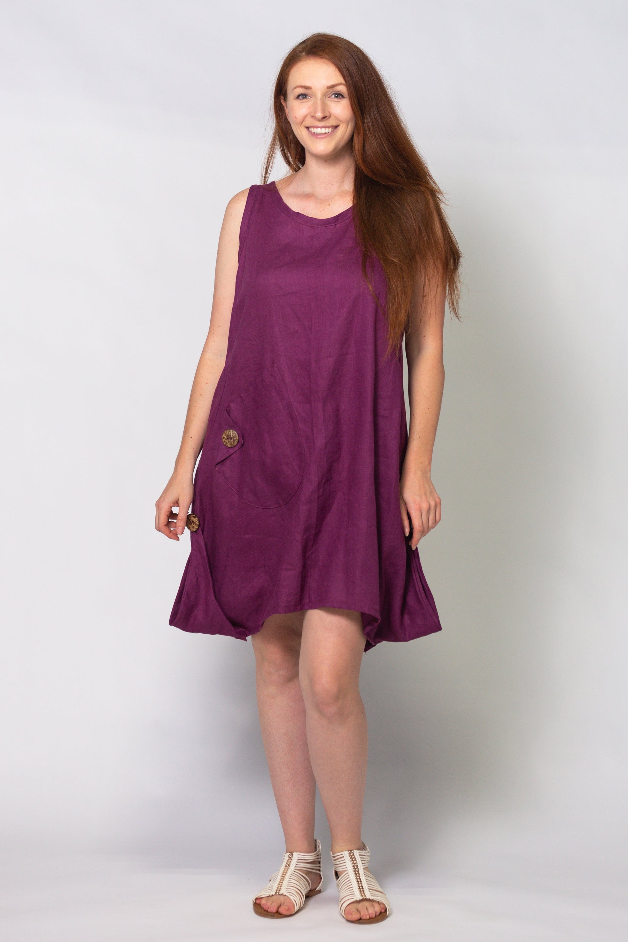 ESSENTIAL JENNA knee-length DRESS in 100% LINEN in Deep purple