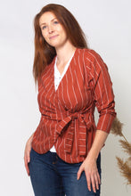 Load image into Gallery viewer, wrap tied shirt in red with stripes
