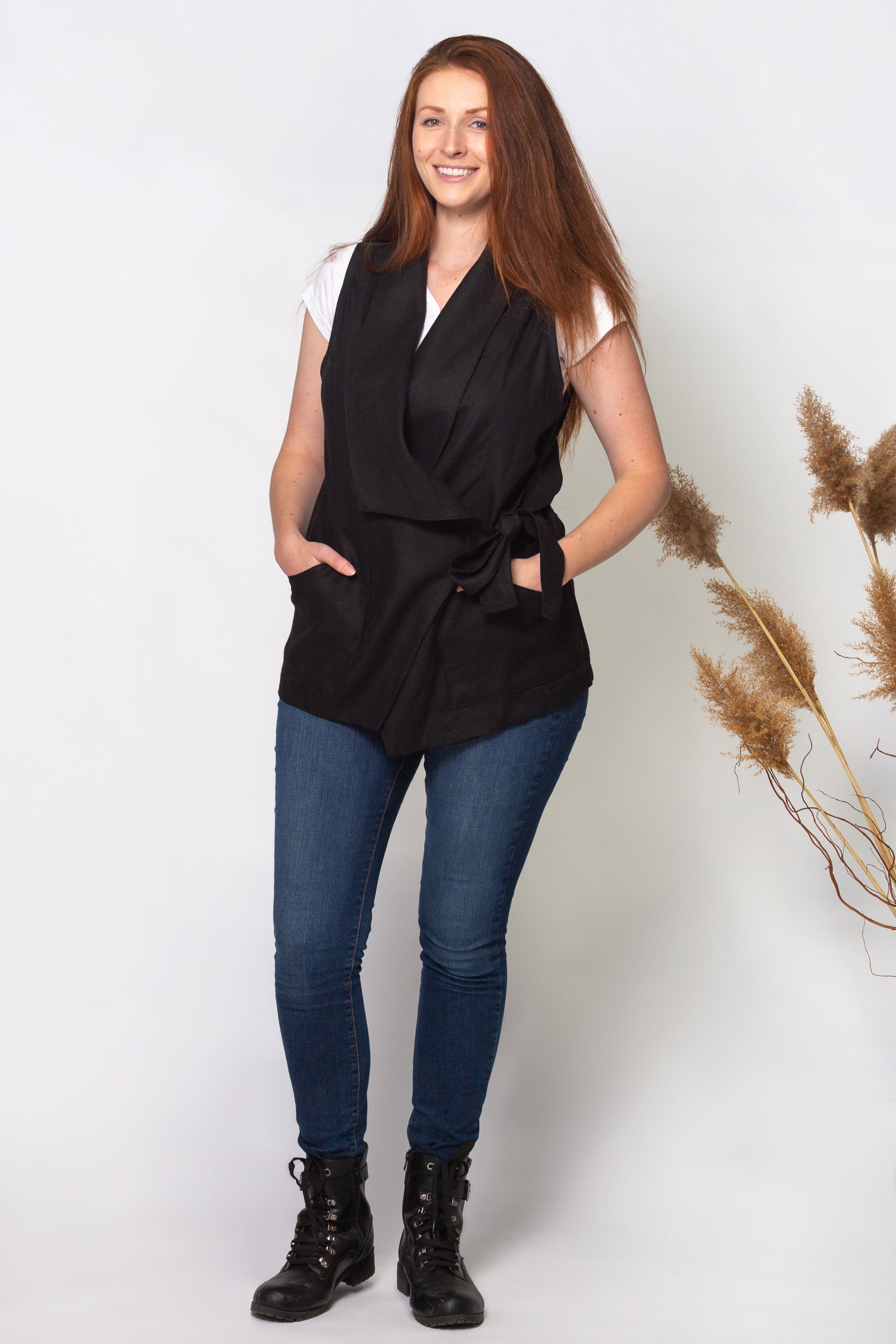 INVESTED VEST in 100% NATURAL LINEN in BLACK