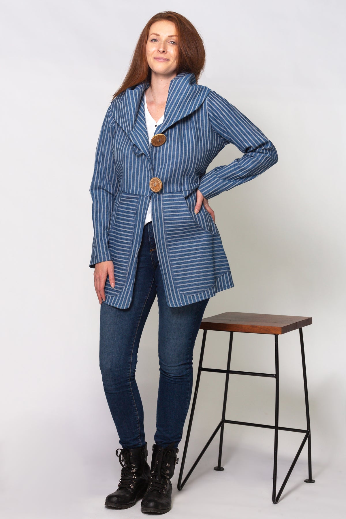 JUSTIFY JACKET HOODIE 100% COTTON blue DENIM STRIPE fabric