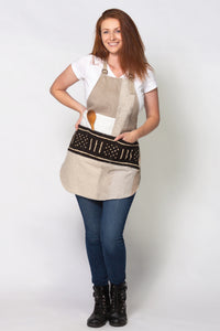 on model - Patchwork linen and cotton apron. Fully lined with front mudcloth pocket. 