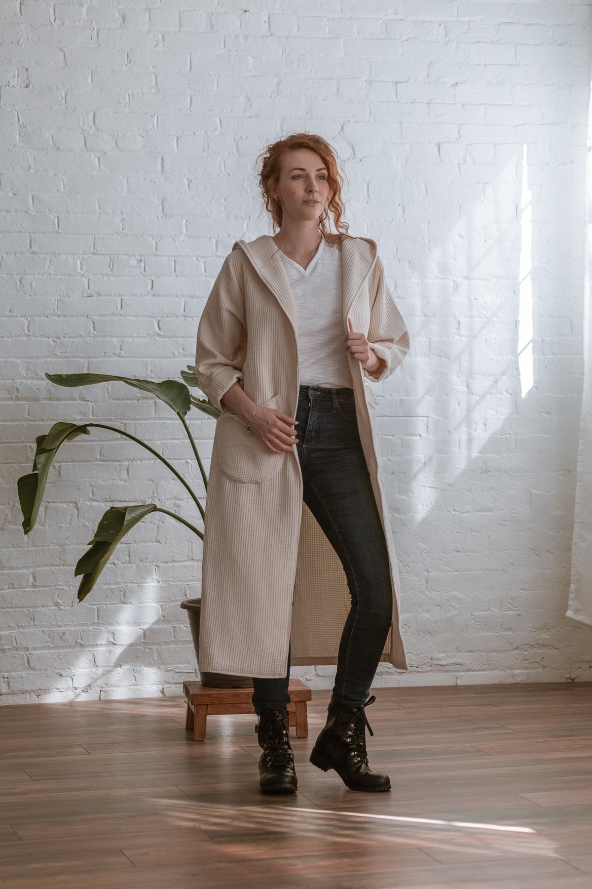 creme coloured hooded coat