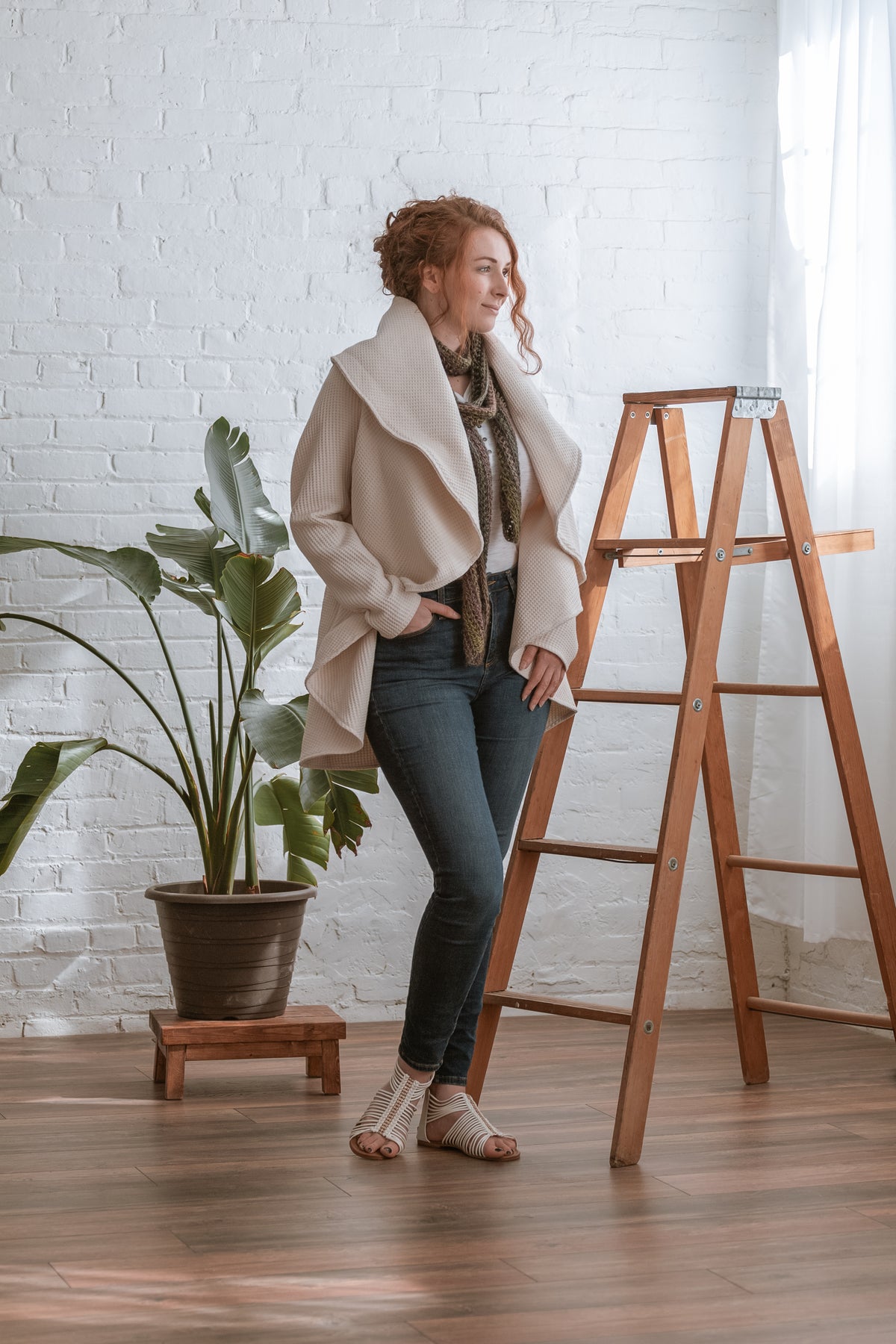 Creme circle jacket on model