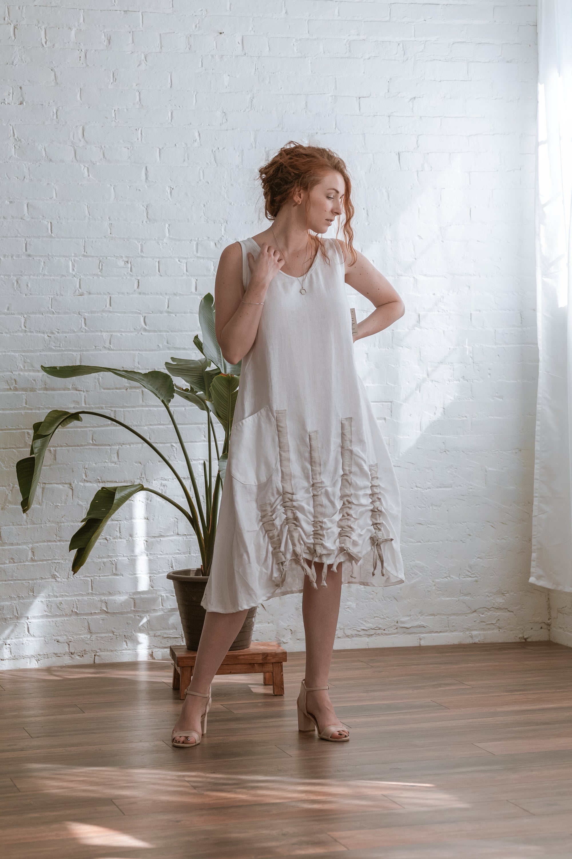 DRAWSTRINGS DRESS in 100% white LINEN 